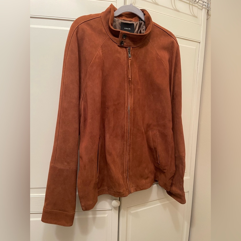 Vince Men's Suede Zip Front Shirt Jacket in Rust